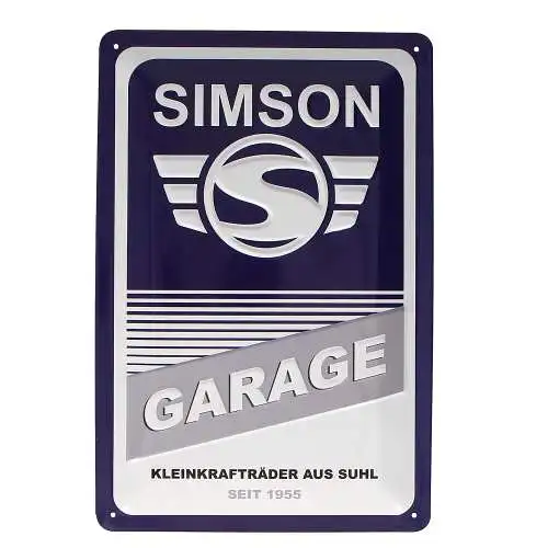 Blechschild 20 x 30cm blau/weiß mit Motiv: SIMSON-Garage Seit 1955 DDR Moped