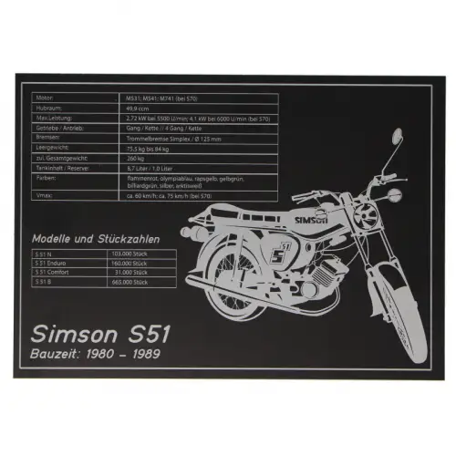 Blechschild Simson S51 technische Daten Infoblatt 30 x 22 cm gelasert SAUSEWIND