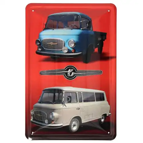 Blechschild rot - Barkas B1000 Bus weiß & Pritsche blau 20 x 30 cm DDR LKW Retro
