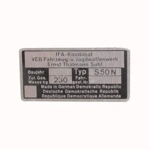 Typenschild Blanko für Simson S50N | Originalgetreues Ersatzteil