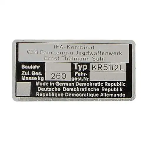 Typenschild Blanko für Simson KR51/2L | Originalgetreues Ersatzteil