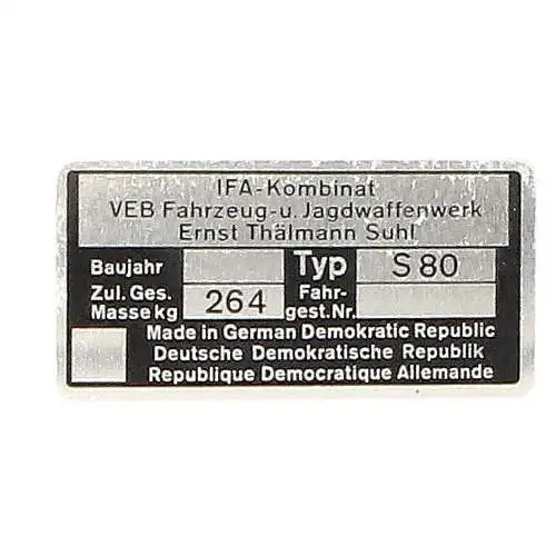 Typenschild Simson S80 blanko geätzt