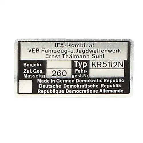 Typenschild Blanko für Simson KR51/2N | Originalgetreues Ersatzteil