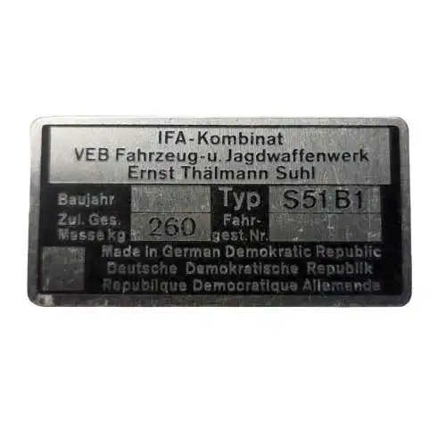 Typenschild Blanko für Simson S51 B1 | 260 kg | Originalgetreues Ersatzteil