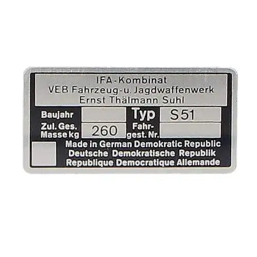 Simson S51 Typenschild blanko Fahrzeugplakette Herstellertafel DDR-Originalteil
