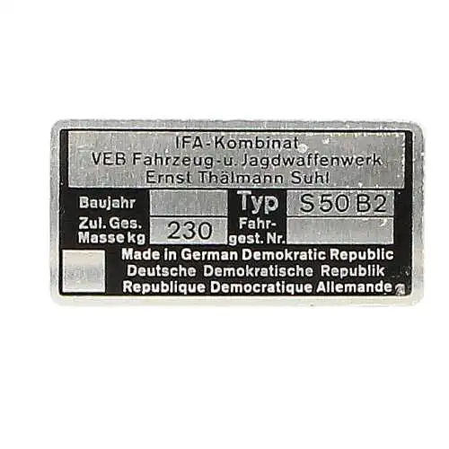Simson S50B2 Typenschild Blanko Rahmenplakette Herstellertafel DDR-Originalteil 
