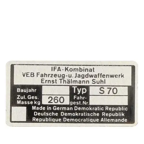 Typenschild Blanko geätzt für Simson S70 | Originalgetreues Ersatzteil