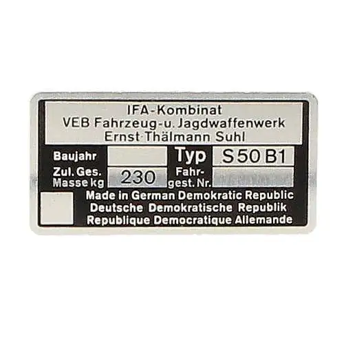 Typenschild Simson S50 B1 blanko Plakette DDR-Originalteil Simson Suhl Sausewind