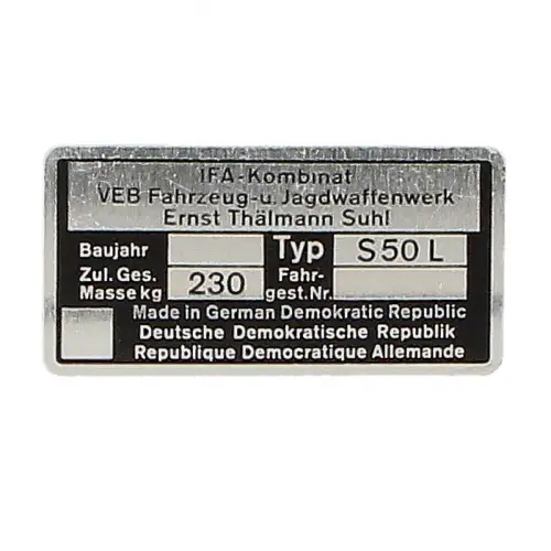 Simson S50 L Typenschild  blanko Luxus Protoyp Marke selten DDR-Originalteil