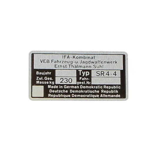 Typenschild Simson SR4-4 (Habicht)  Orignial Prägeart geätzt DDR-Simson Suhl