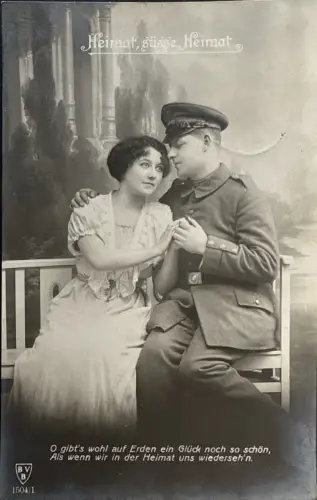 Feldpostkarte 1917 – „Heimat, süße Heimat“ – Liebespaar & Soldat, gelaufen Königsberg