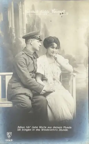 „Feldpostkarte 1. Weltkrieg – Soldat & Dame – Heimat, süße Heimat – B.V.B. Verlag – Germania-Marken“