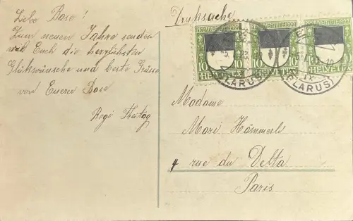 Schweiz 1922 – Pro Juventute Mi 158 (Wappen Glarus, 3x), gestempelt Glarus, AK nach Paris