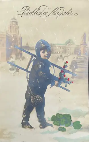 Schweiz Neujahrskarte 1914, Glückwunsch, Schornsteinfeger, 50 Rp Pro Juventute 1913, gelaufen nach Paris