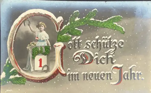 Neujahrskarte 1917, Mädchen mit Hufeisen, "Gott schütze Dich", Photochemie Berlin, gelaufen TÜBINGEN, MiNr. 96