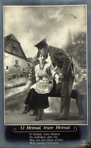 Romantische Feldpostkarte WWI - O Heimat, teure Heimat - Soldat & junge Frau - 1917
