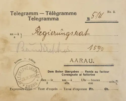 Schweiz Telegrammformular Aarau Stempel 30.IV.1915