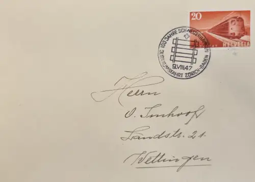 Schweiz Lokomotive 20 Rp Stempel Zürich–Baden 1947