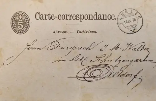 Schweiz 5 Rp Ganzsache 1876 Stempel UELEN 14.IX.76