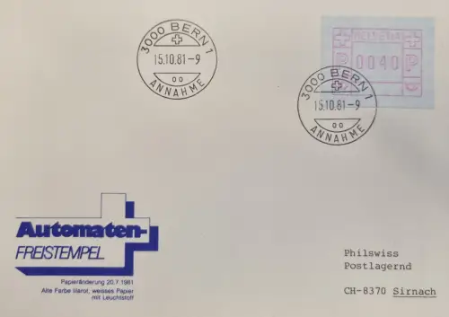 Schweiz, Automat 40 Rp, Stempel Bern 15.10.1981/Sirnach 16.10.1981