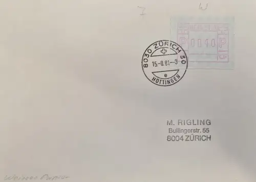 Schweiz ATM 0040, Stempel Zürich-Hottingen 15.8.81