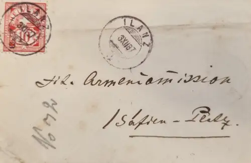 Schweiz Helvetia 10 rot 1887 Stempel ILAUZ/ILANZ