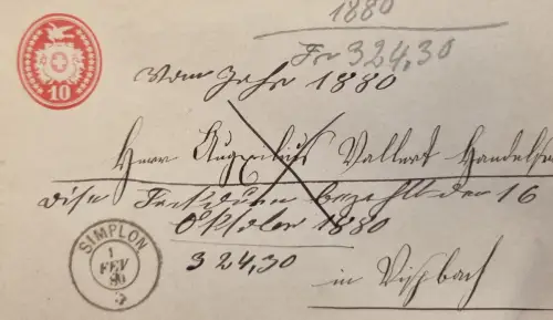 Schweiz 1880 – Ganzsachenbrief 10 Rp, Stempel SIMPLON, gelaufen