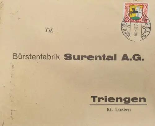 Schweiz Pro Juventute 1930 20Rp Wappen, Stpl. ELFHAUSEN