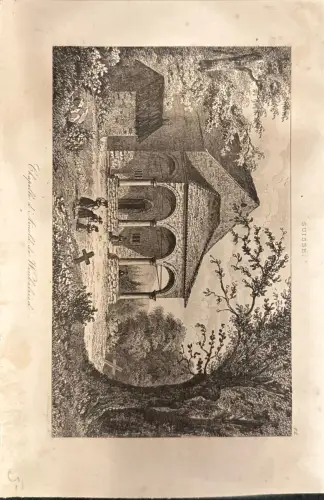 Stich: Kapelle Schweiz (Winkelried), Architektur mit Figuren; Randflecken, altersbedingte Punkte