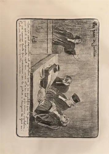 Karikatur-Druck: Gerichtsszene mit 4 Männern, französischer Titel/Untertext; Randspuren