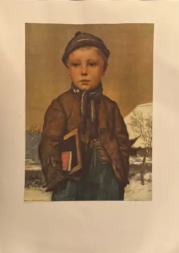 Farbdruck: Porträt eines Jungen mit Büchern; Text „Zürcher Kunsthaus“; Randspuren