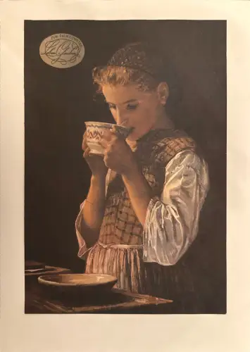 Farbdruck: Mädchen mit Tasse am Tisch, Text „Zum Palmsonntag“; Randspuren