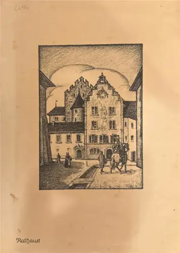 Lithografie: Rathaus, Stadtansicht mit Figuren; Papierflecken, Randspuren