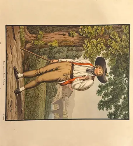 Farbtafel: Bauer aus dem Kanton Freiburg in Tracht; Randflecken, Knickspur, Randspuren