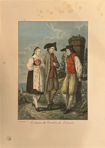 Farbdruck „Kostümtafel Zürich“, 3 Personen in Tracht; Flecken, Randspuren