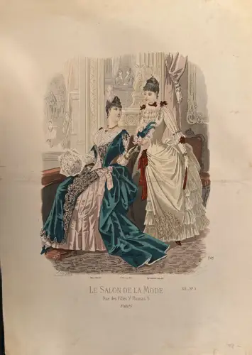 Modeblatt Farbdruck, 19. Jh., 2 Damen im Interieur, „Le Salon de la Mode“, Flecken