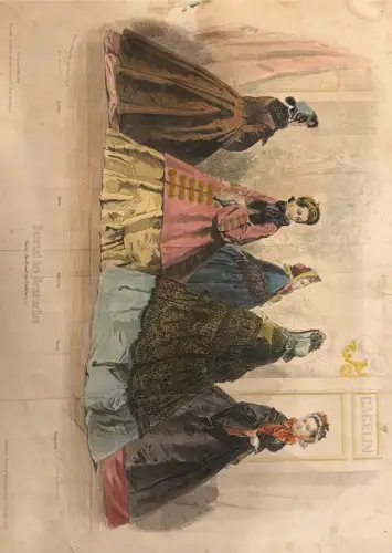 Modebild: 4 Frauen in Kleidern, Farbdruck, 19. Jh., Randflecken; Rückseite leer, Flecken/Knicke