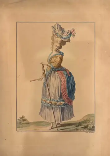 Kolorierter Stich: Frau im Kleid mit Hut; Rand-/Stockflecken, vergilbt, Druckspuren