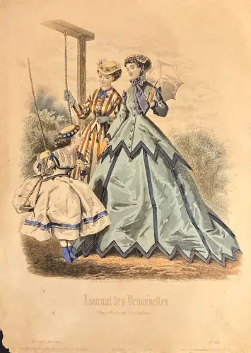 Kolorierter Mode-/Zeitschriftenstich um 1860: 3 Damen an Schaukel; Flecken, Randspuren