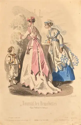 Mode-/Kostümtafel mit 2 Damen und Kind; Farblithografie; Juli 1867; Flecken