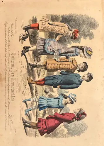 Modeblatt Kinderkleidung, Farbdruck; 1.11.1880, Journal des Demoiselles; Flecken