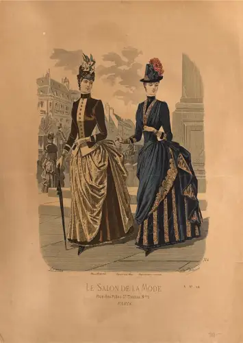 Modeblatt, Farblithografie: 2 Damen in Stadtszene, Paris „Le Salon de la Mode“, Randspuren
