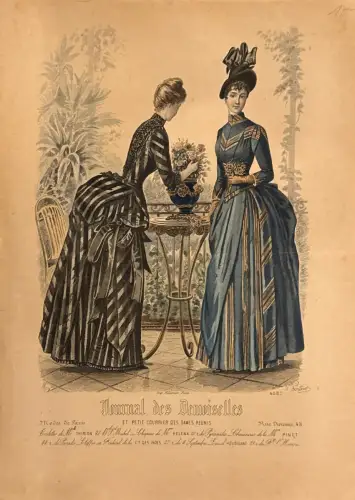 Modeblatt Farblithografie; 2 Frauen am Tisch; Journal des Demoiselles; Flecken