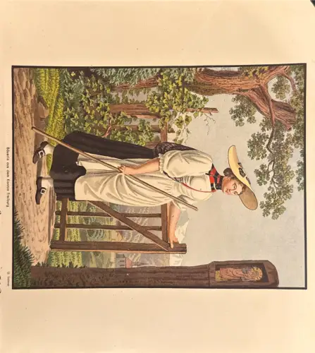 Kolorierter Druck: Bäuerin in Tracht, Kanton Freiburg; signiert G. Volmar; Blatt 2 leer, Flecken, Knicke