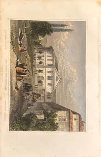 Kolorierter Druck Badegebäude Schinznach mit Personen; Randflecken, Papierbräunung