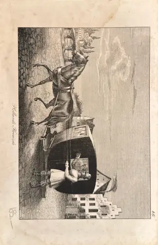 Stich 19. Jh.: Pferd vor Kutsche, Mann; Tafel; Flecken, Randspuren