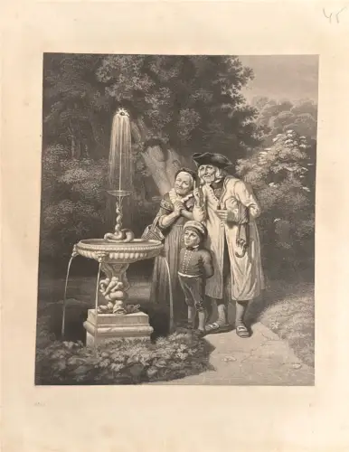 Stich: Figuren am Springbrunnen im Park, 1863; Rand, Flecken