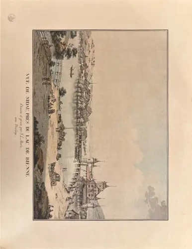 Kolorierter Stich, Ortsansicht Nidau am Bielersee mit Schloss, Boote; Randflecken