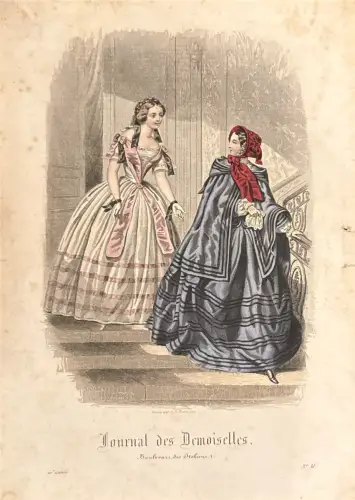 Kolorierter Druck, Modeplatte: 2 Frauen in Kleidern, Journal des Demoiselles, Flecken/Randspuren
