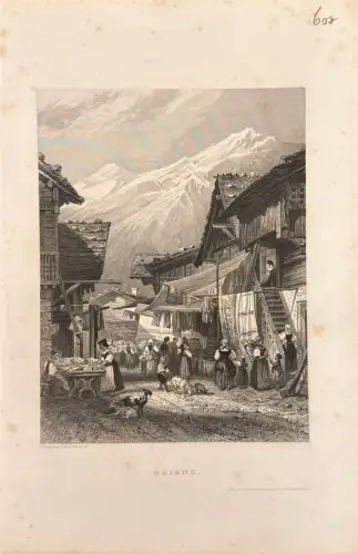 Handkolorierter Stich, Dorfstraße Brienz mit Häusern, Menschen, Bergen; Stockflecken, Randspuren